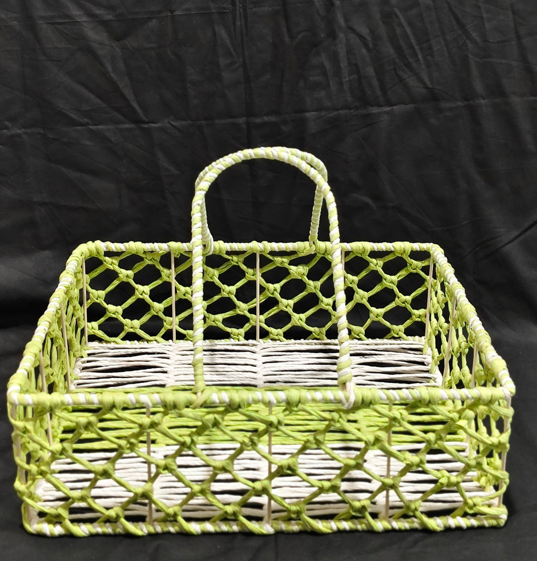 HAMPER HAND WEAVED BASKET GREEN + WHITE RAFIA 16"X12"X5"