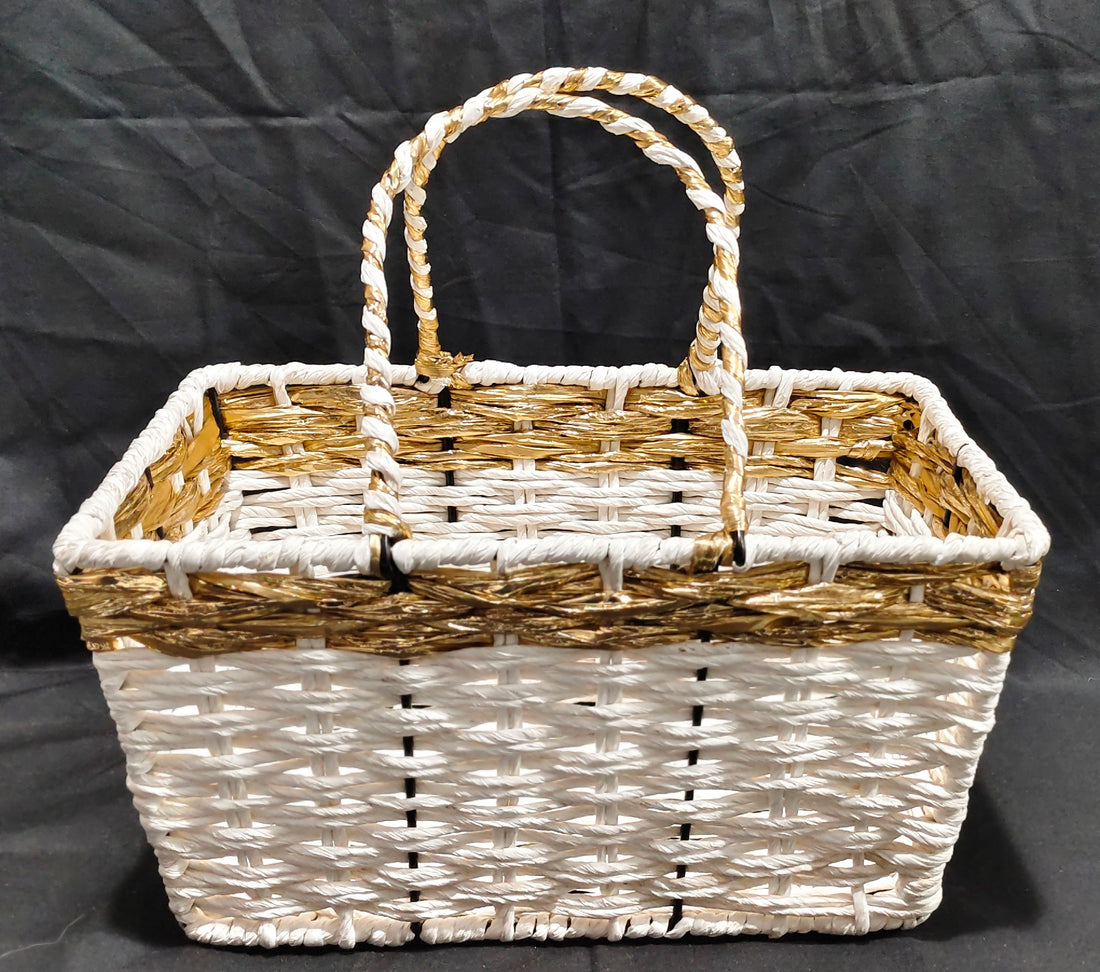 HAMPER HAND WEAVED BASKET RAFIA + GOLDEN