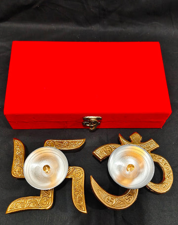 METAL OM + SWASTIC DIYA COMBO IN VELVET BOX