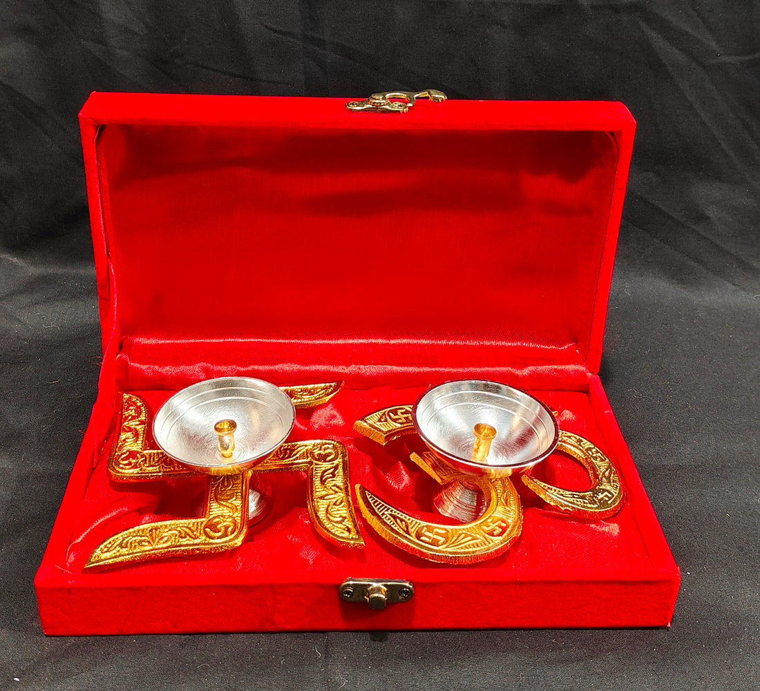 METAL OM + SWASTIC DIYA COMBO IN VELVET BOX