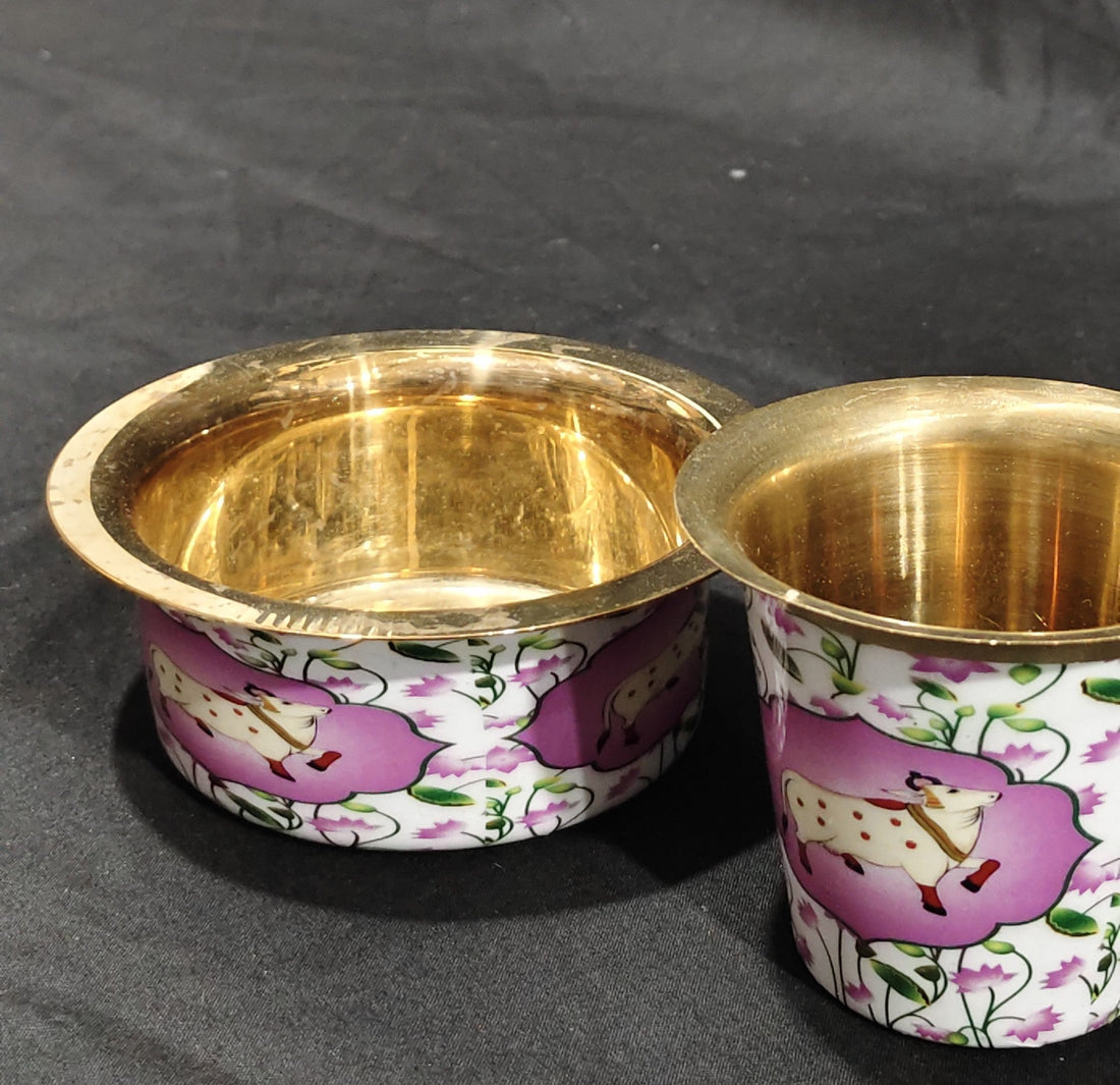 COFFEE / TEA DABRA SET PURE BRASS WITH WHITE PICHWAI DESIGN
