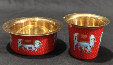 COFFEE / TEA DABRA SET PURE BRASS WITH RED PICHWAI DESIGN
