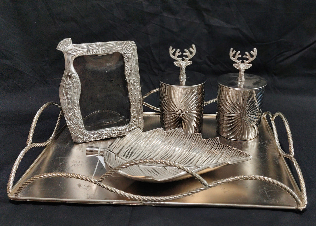 SKD LUXURY SILVER PLATTAR - TRAY , PEACOCK FRAME, TWO JAR WITH DEER KNOB EXCLUSIVE