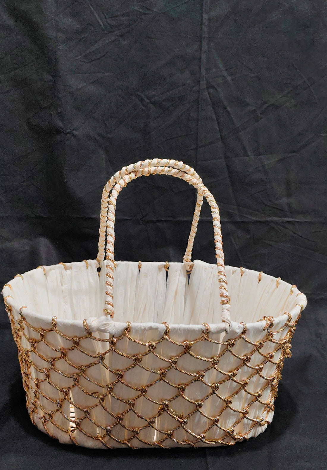 SKD HANDWEAVEN NET BASKET WITH GOLD MACRAN - 14"X10"X7"