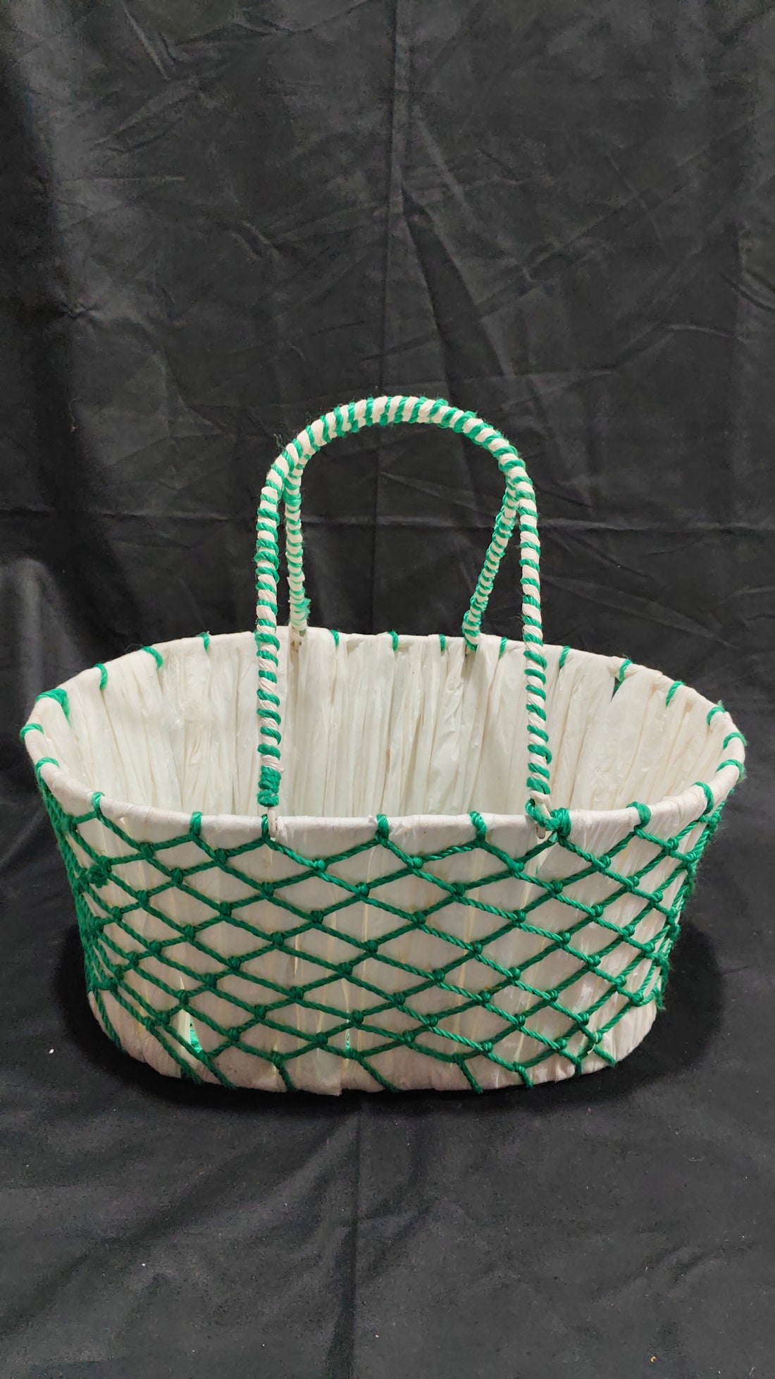 SKD HANDWEAVEN NET BASKET WITH GREEN MACRAN - 14"X10"X7"