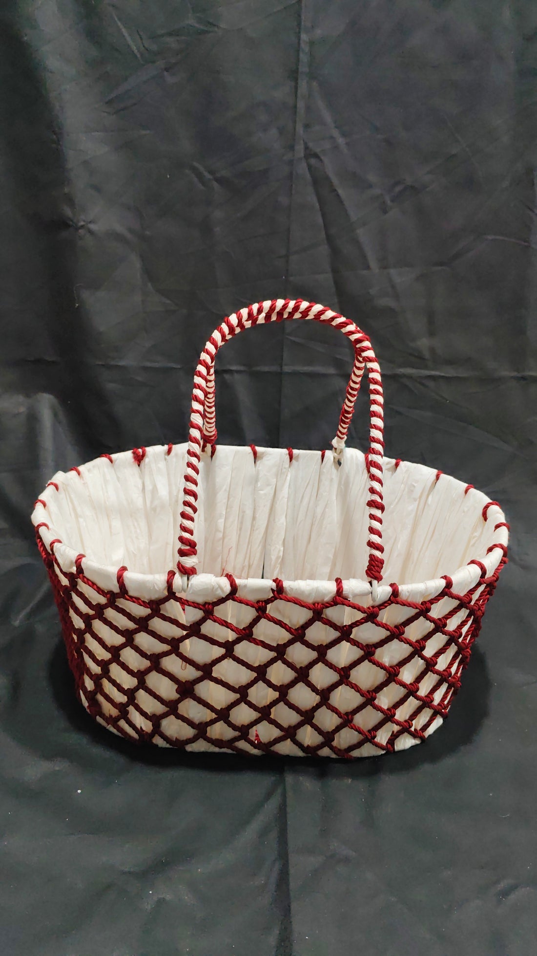 SKD HANDWEAVEN NET BASKET WITH RED MACRAN - 14"X10"X7"