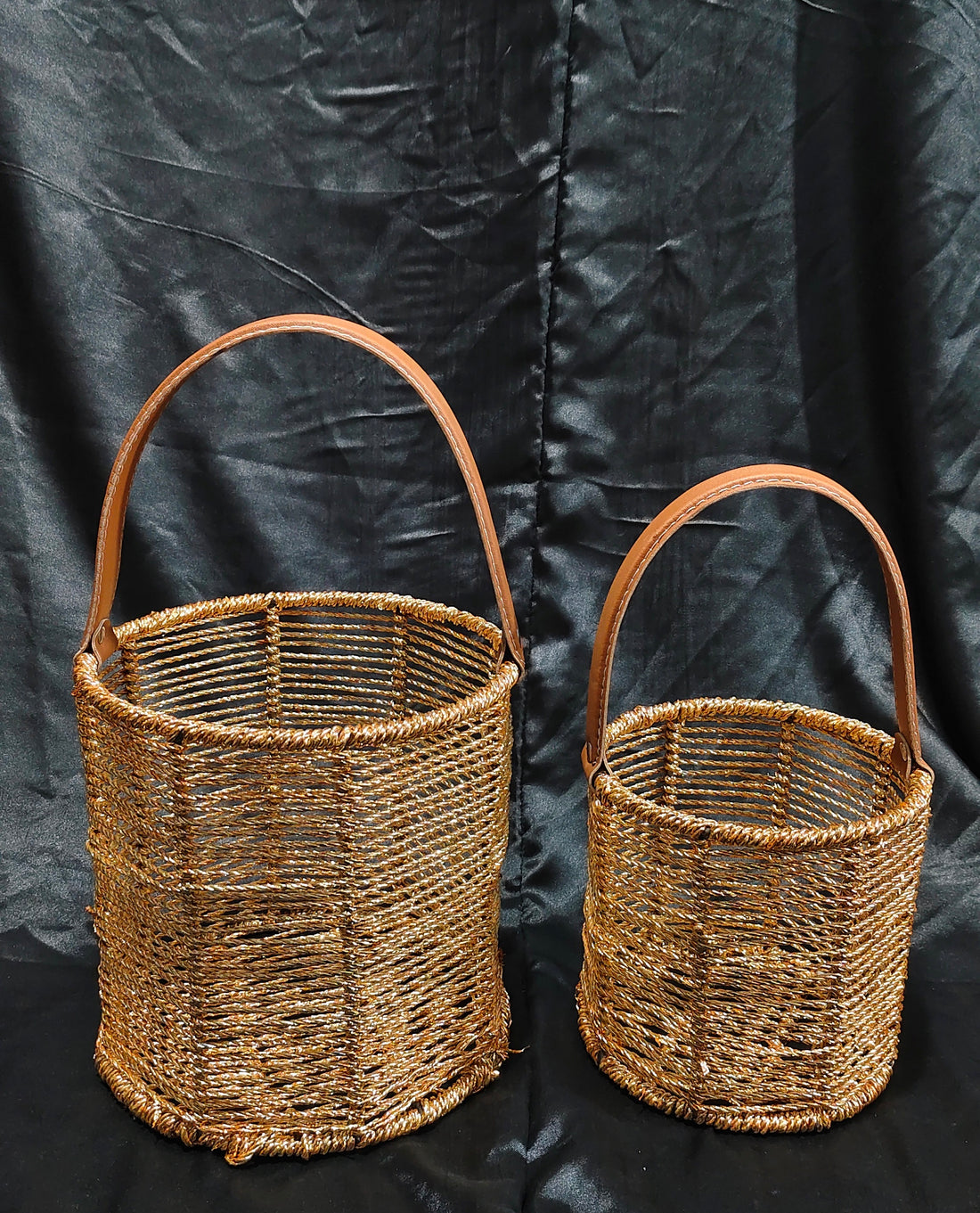 SKD BUCKET BASKET FULL HANDWEAVED WITH TAN LEATHER HANDLE-- TWO SIZE OPTION