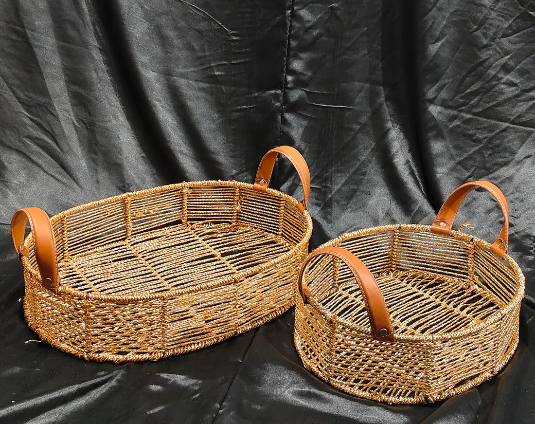 SKD OVAL FULL HANDWEAVED BASKET WITH TAN LEATHER HANDLE -- 2 SIZE OPTIONS