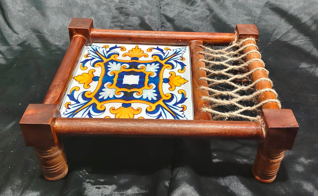 WOODEN PLATTAR IN CHARPAI OR COT WITH DESIGNER PRINT ENAMEL - 13"X10"