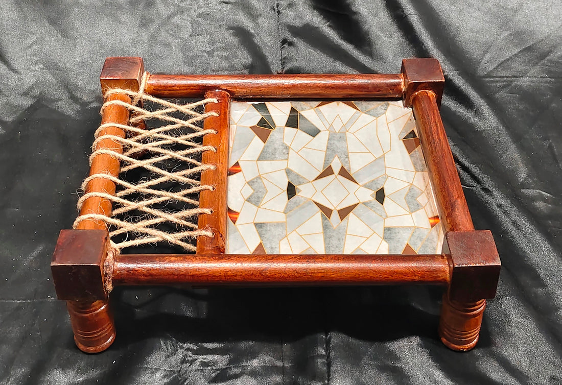 WOODEN PLATTAR IN CHARPAI OR COT WITH DESIGNER PRINT ENAMEL - 13"X10"