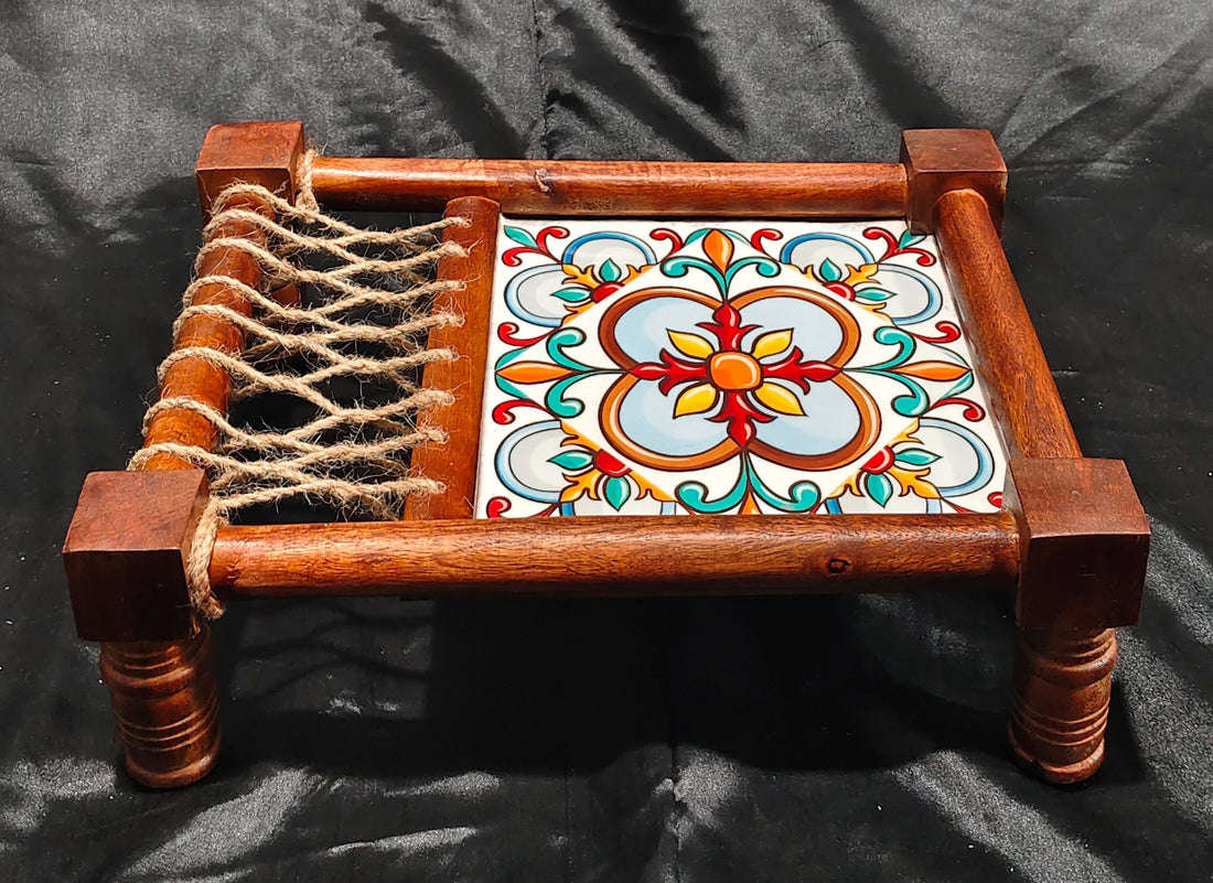 WOODEN PLATTAR IN CHARPAI OR COT WITH DESIGNER PRINT ENAMEL - 13"X10"