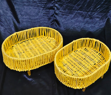 METAL BUNAI BASKET RAFIA WITH 4 WOOD LEGS - 3 SIZE OPTION, 3 COLOUR OPTION