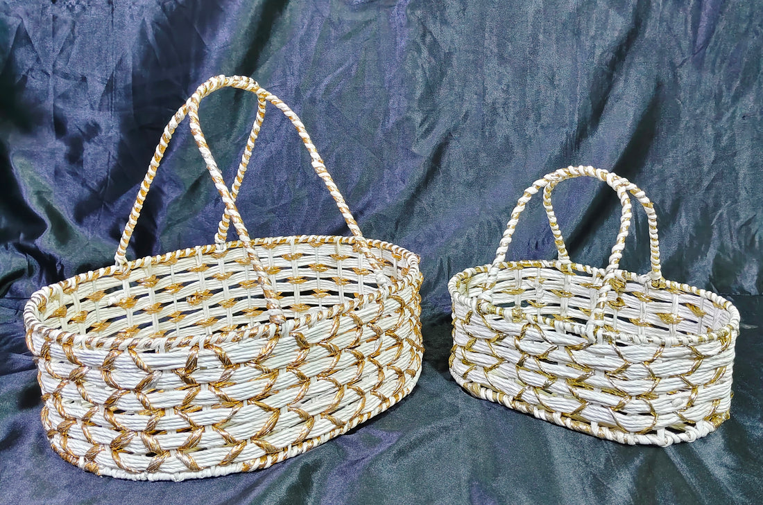 METAL WHITE RAFIA WITH GOLDEN DESIGN BASKETS -- 2 SIZE OPTIONS