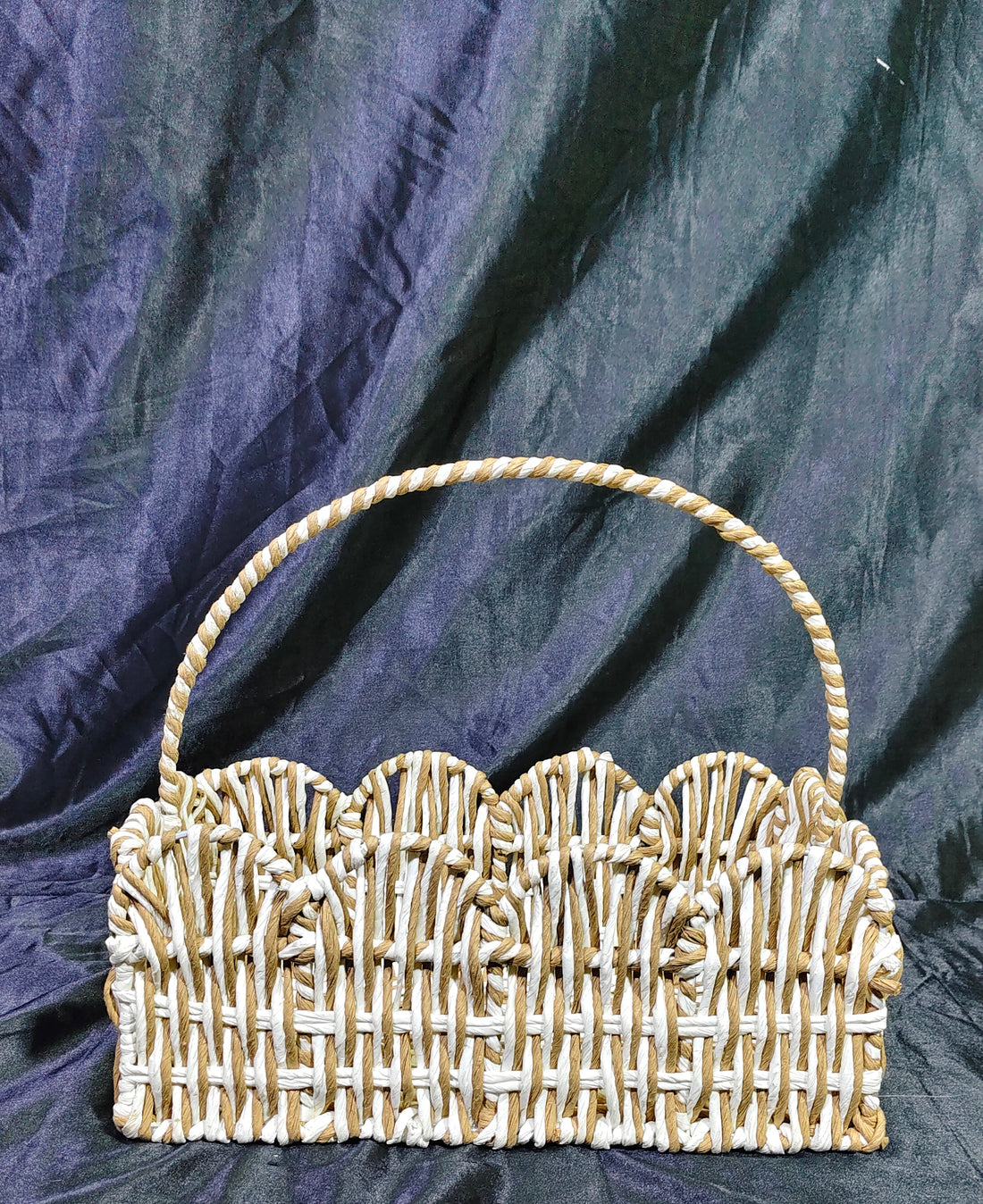 HANDWEAVED BASKET WITH RAFIA AND DEGINER BORDER - 14"X8"X5"
