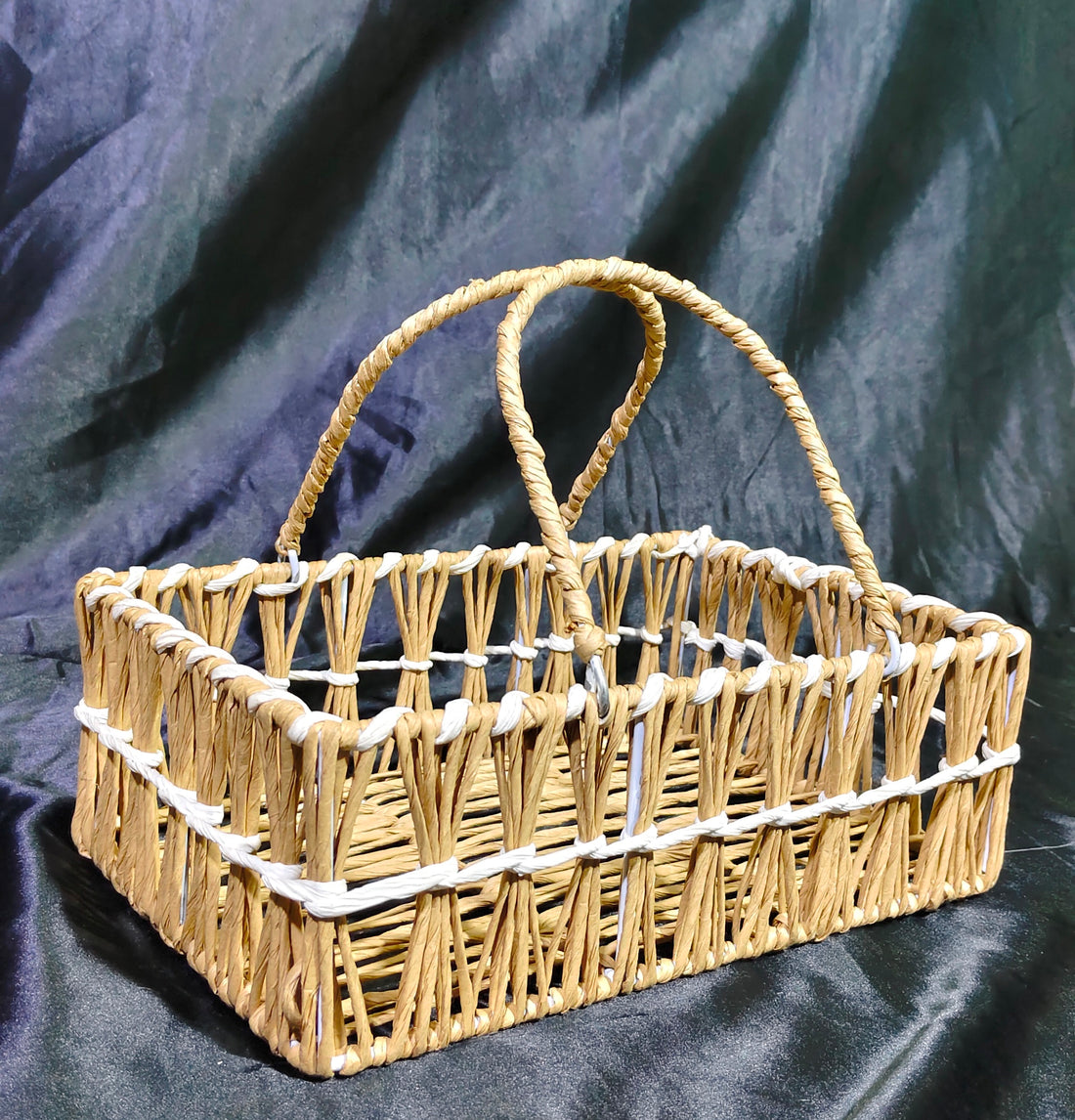 METAL RAFIA HAMPER BASKET - 12"X8"X4"