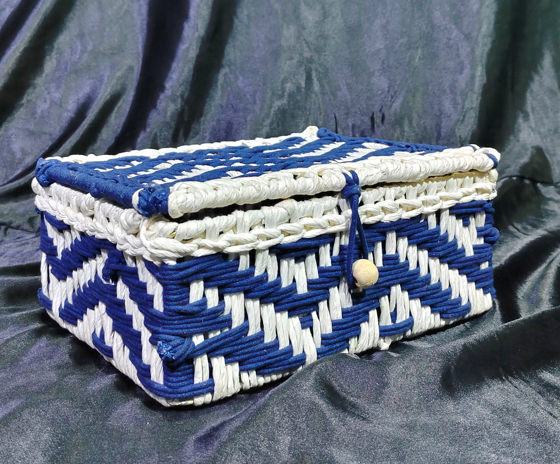 Metal Hand Woven Blue / White Raffia Cotton  Box Size 10x8x4