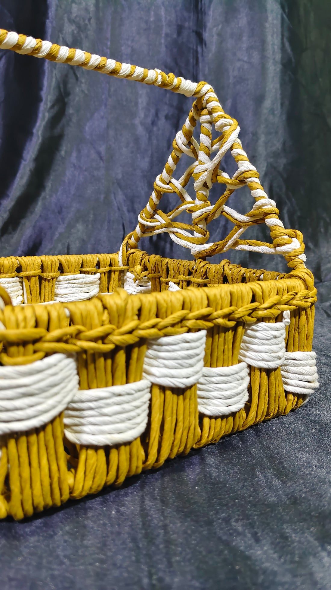 Metal Double Hand Woven Raffia White / Mustard Yellow Hut Hamper Basket  2 Size Options 10x10 " 8x8