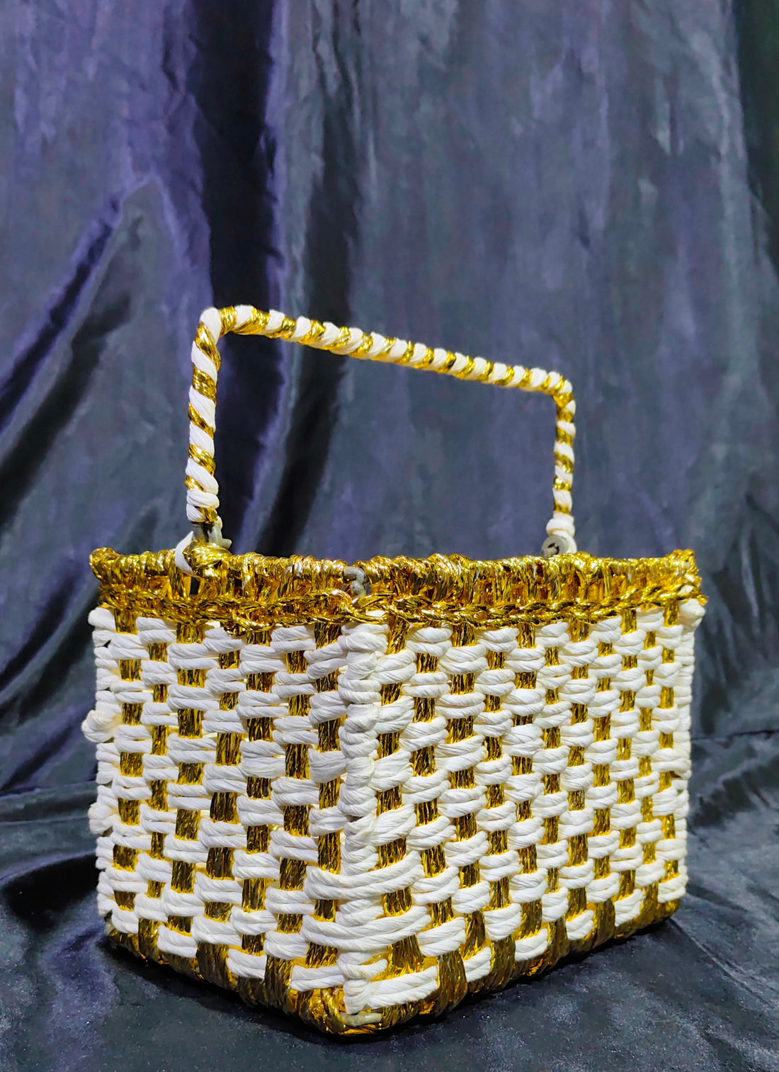 Metal Hand Woven Raffia White + Gold Basket Size 8x6x6