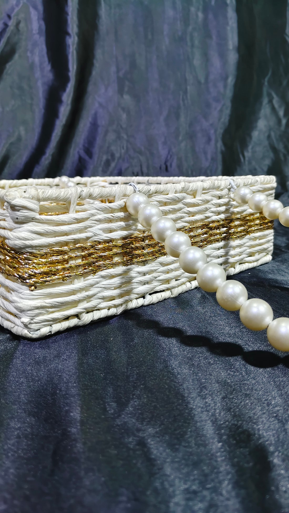 Metal Square White / Gold Chamkily Raffia Basket Size 12x12x4