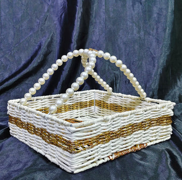 Metal Square White / Gold Chamkily Raffia Basket Size 12x12x4