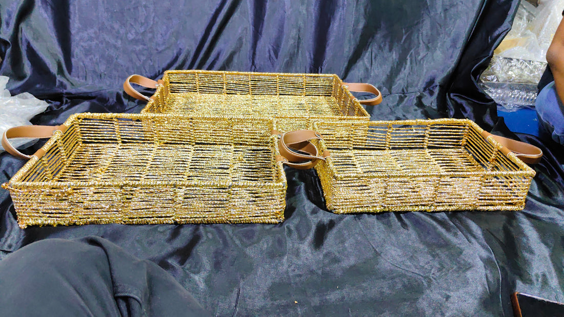 Metal Shining hand Woven Wealthier Tray Set Of 3 , 3 Size Option 15x10x3 , 18x12x3 , 22x16x3