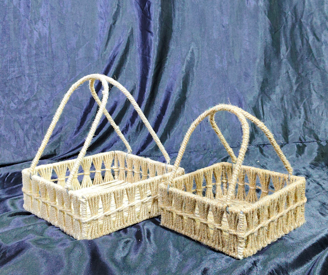 Metal Square jute Hand Woven Basket Set Of 2 Size 8x8x3 , 10x10x3
