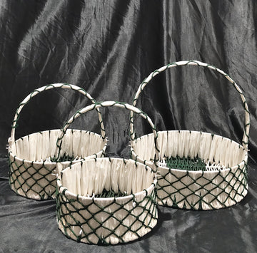METAL ROUND HANDWEAVED BASKET WITH GREEN NET MACRUM - 3 SIZE OPTIONS