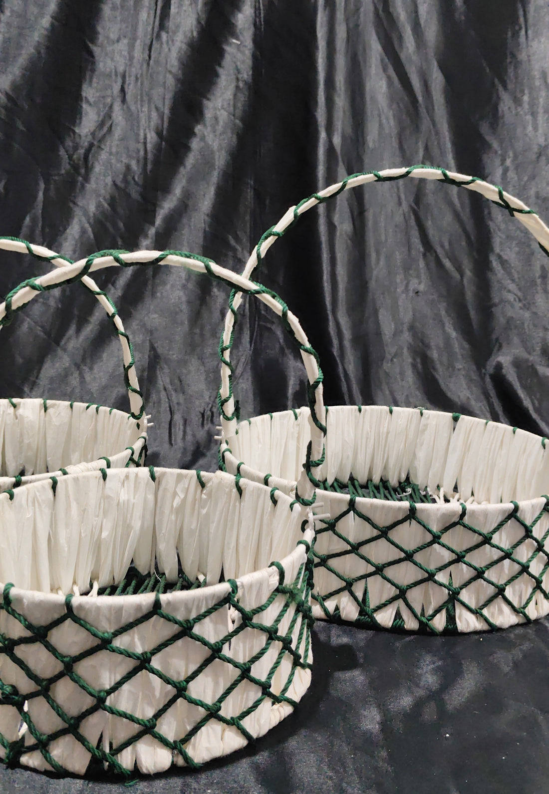 METAL ROUND HANDWEAVED BASKET WITH GREEN NET MACRUM - 3 SIZE OPTIONS