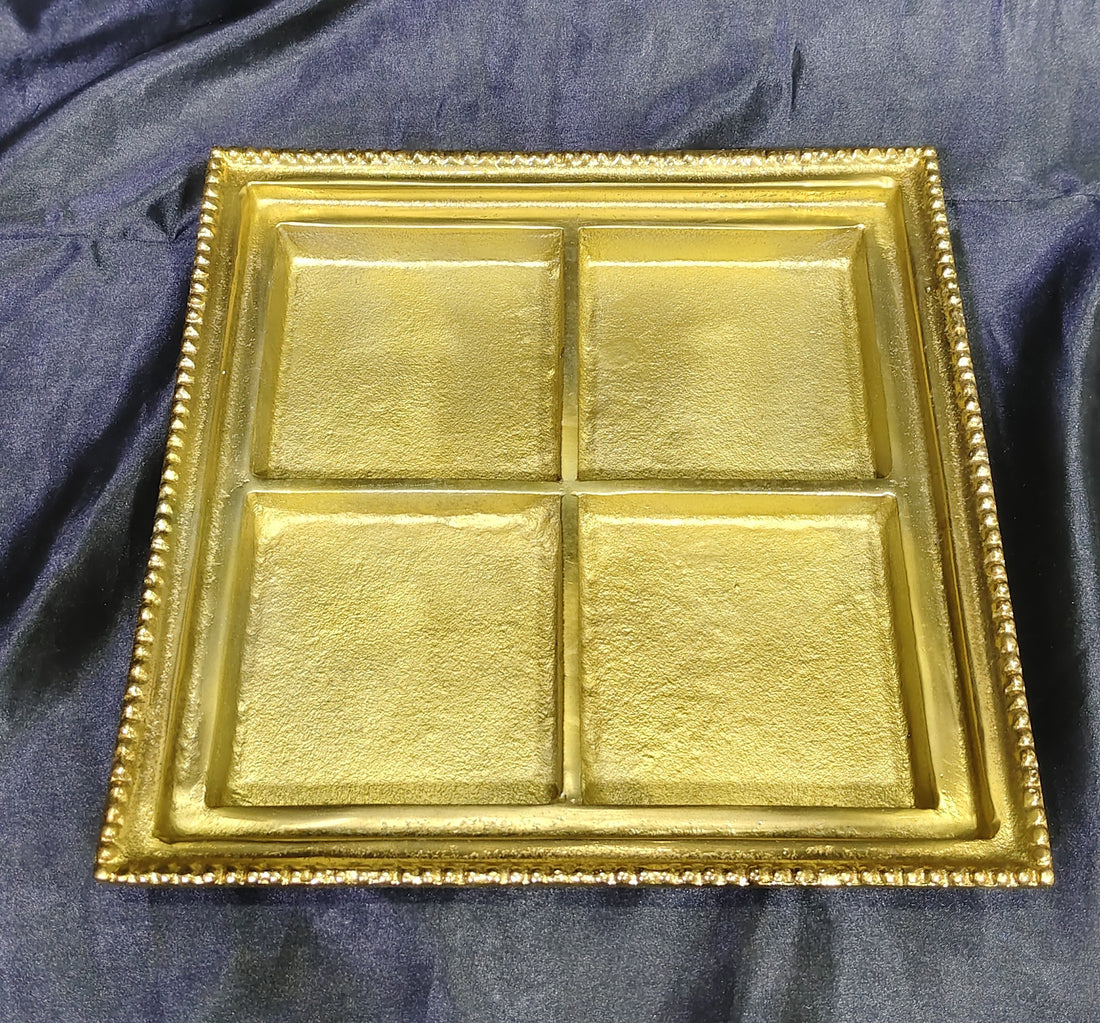 METAL PREMIUM DRYFRUIT PLATTAR WITH 4 SECTIONS 11.5"X11.5"- GOLD PLATED