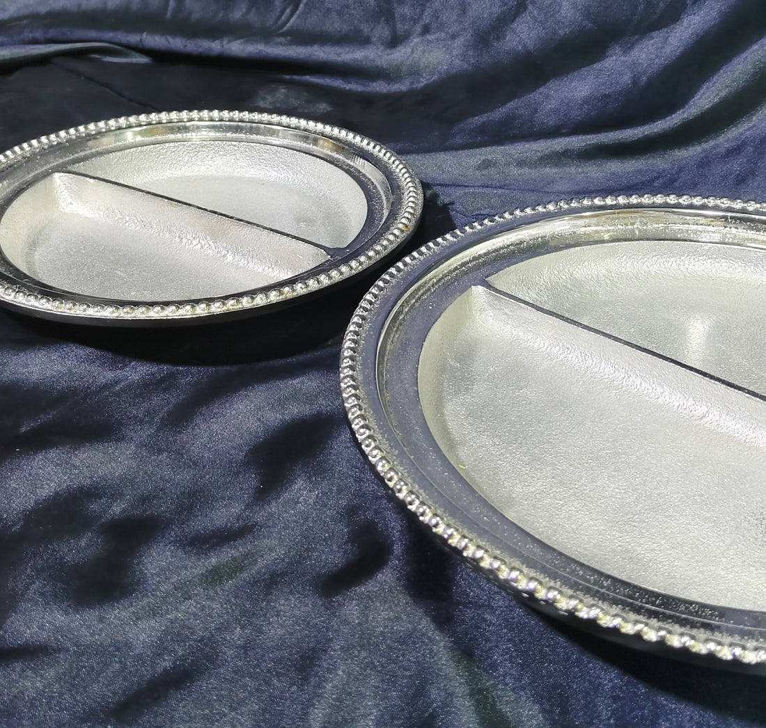METAL PREMIUM DRYFRUIT TRAY SILVER WITH 2 SECTIONS ---- 2 SIZE OPTIONS