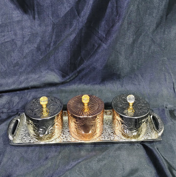 METAL ALUMINIUM EMBOSSED TREY WITH 3 EMBOSSED JARS