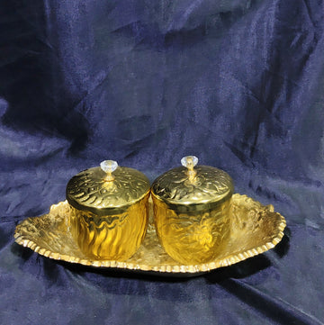 OVEL SHAPE BOWL CUM TREY WITH 2 EMBOSSED JARS