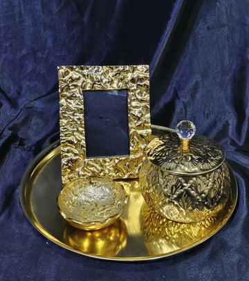 IRON PLATE ROUND WITH ALUMINIUM FRAME, BOWL AND CHITAI VOTIVE