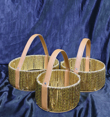 SKD LUXURY GOLD BASKET WITH LONG TAN LEATHER HANDLE 3 SIZE OPTIONS