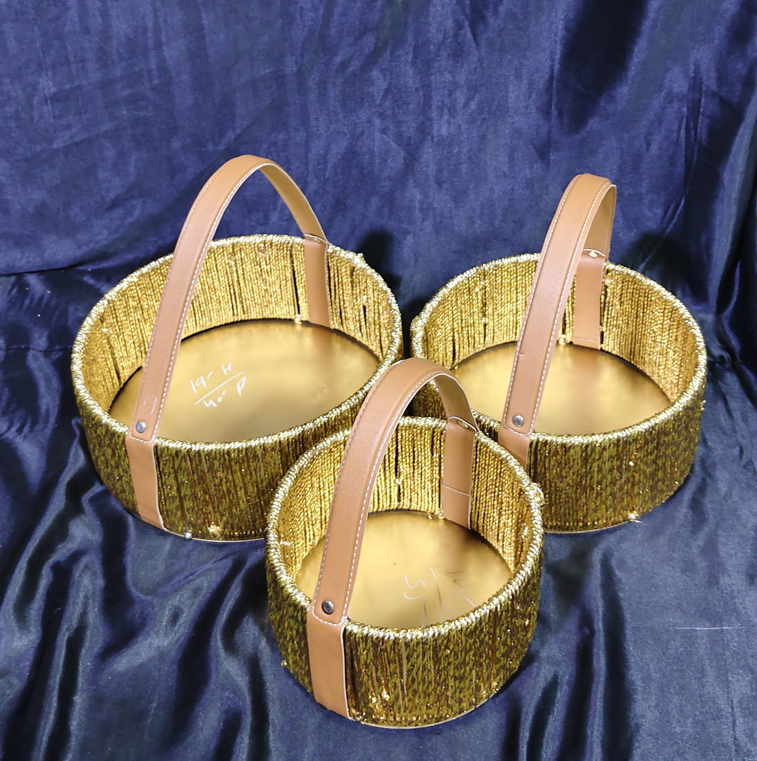 SKD LUXURY GOLD BASKET WITH LONG TAN LEATHER HANDLE 3 SIZE OPTIONS