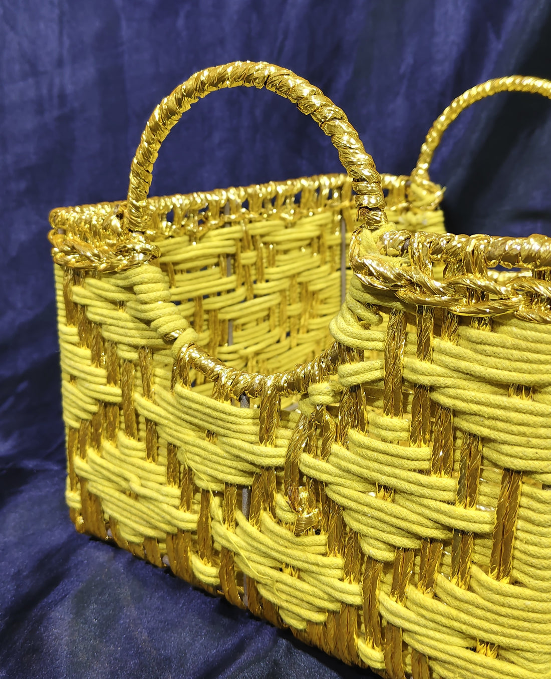 METAL COTTON AND GOLDEN HAND WOOVEN BASKET