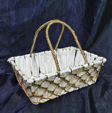 METAL HANDWOOVEN RAFIYA BASKET WITH GOLDEN RASSI