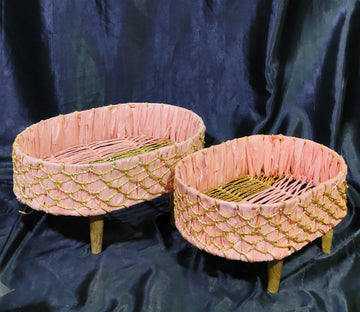 METAL HANDWOOVEN RAFIYA BASKET WITH GOLDEN NET AND 4 WOODEN LEGS