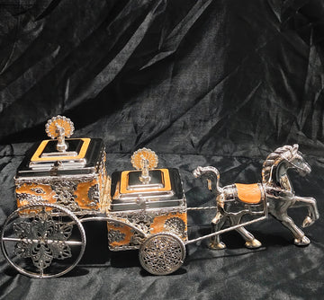 SKD LUXURY CHARIOT STYLE DRYFRUIT PLATTAR 2 SECTIONS ORANGE COLOUR -- 16"X5"X8"H