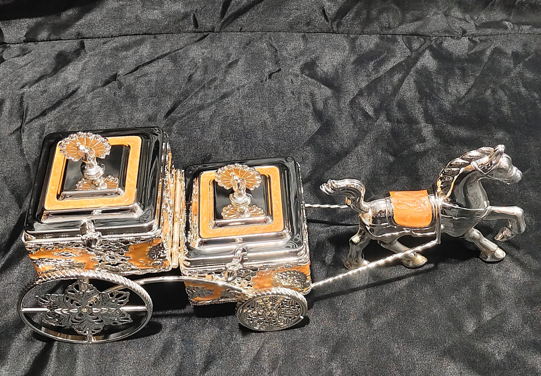 SKD LUXURY CHARIOT STYLE DRYFRUIT PLATTAR 2 SECTIONS ORANGE COLOUR -- 16"X5"X8"H