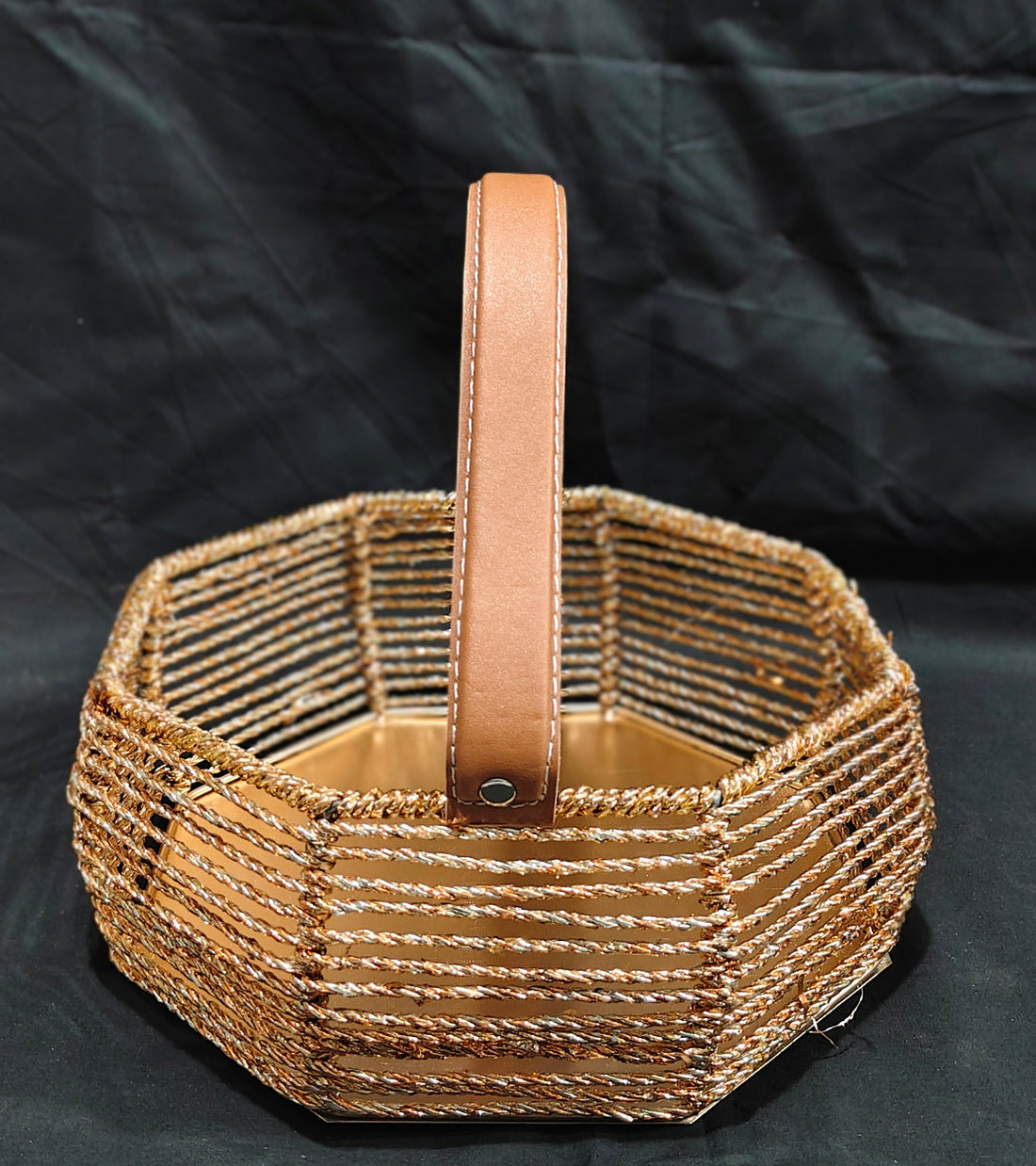 SKD HEXAGONAL BASKET HANDWEAVED WITH TAN LEATHER HANDLE - 3 SIZE OPTIONS