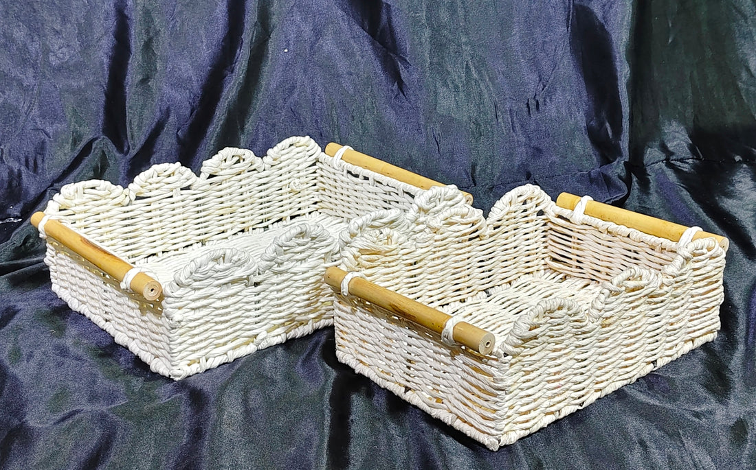 METAL MACROM WHITE HAND WOVEN SCALLOP WITH WOOD HANDLE  SET OF 2 SIZE 14X10X4" , 12X8X4