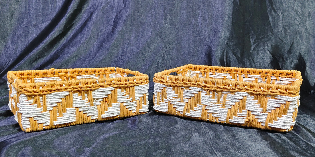 METAL ORANGE / WHITE RAFIYA HAND WOVEN BASKET SET OF 2 OPTION SIZE 12X8X4" , 14X10X4