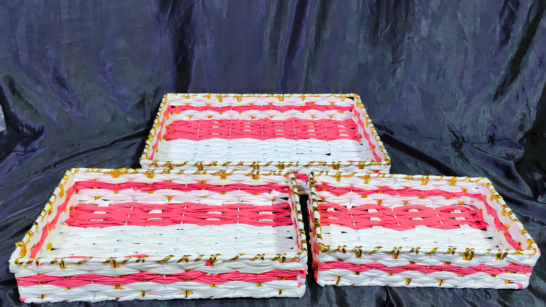 METAL WHITE / PINK / GOLD TRAY SET OF 3 OPTION SIZE 15X10X3" , 18X12X3" , 22X16X3"