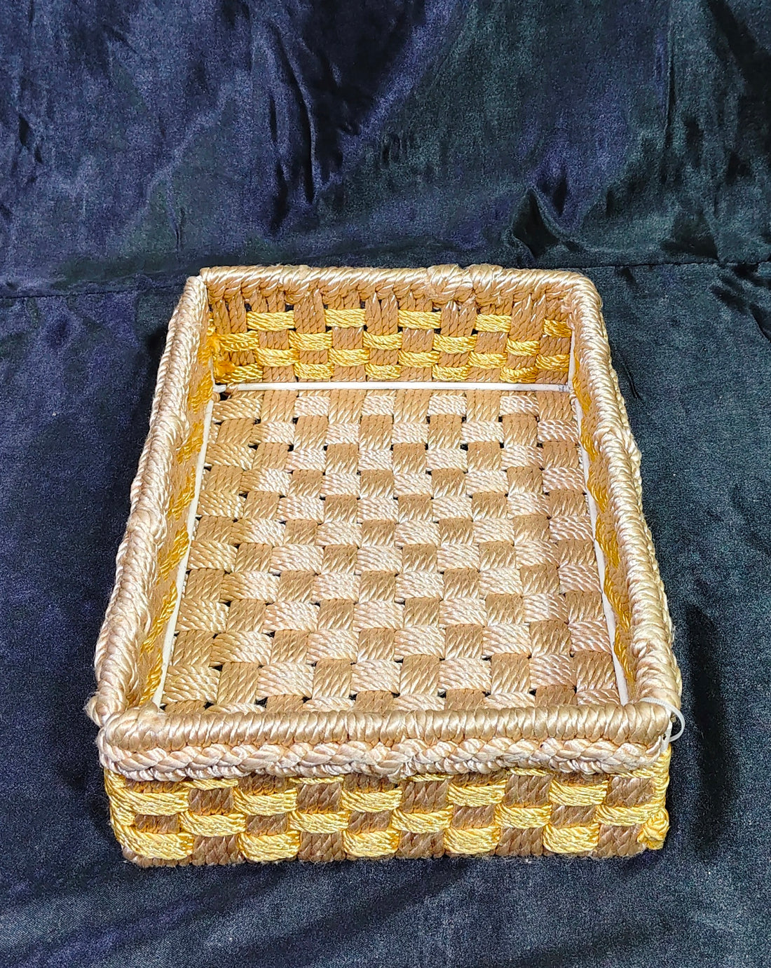 Metal + macron hand woven yellow / brown tray size 12x8x3