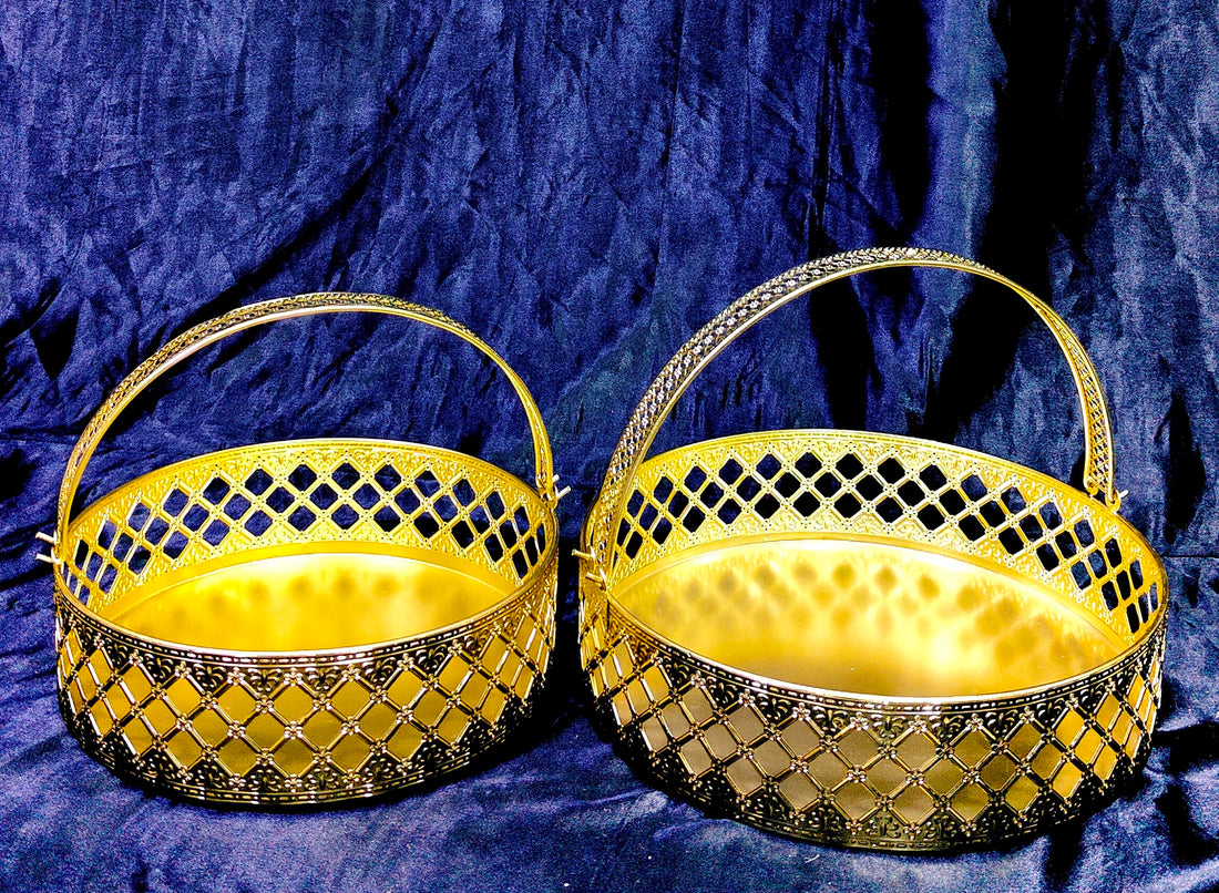 DESIGNER METAL GOLD SCROLLWORK ROUND BASKET SET OF 2 OPTION SIZE 13X13X4" , 15X15X4"