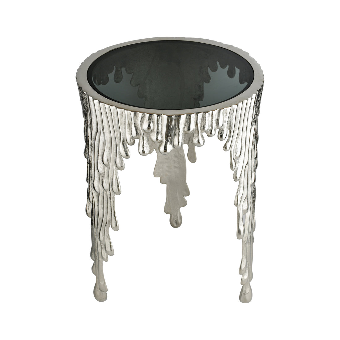 ALUMINIUM MULTIDRIP ACCENT TABLE SILVER WITH BLACK UNBREAKABLE GLASS 16.5"X16.5"X23.5"