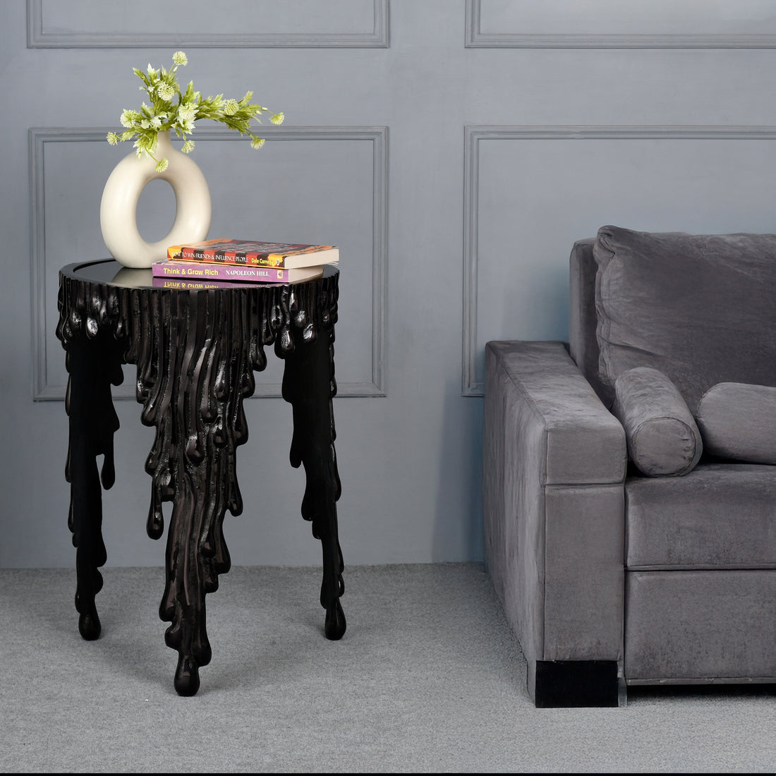 ALUMINIUM MULTIDRIP ACCENT TABLE BLACK WITH BLACK UNBREAKABLE GLASS 16.5"X16.5"X23.5"