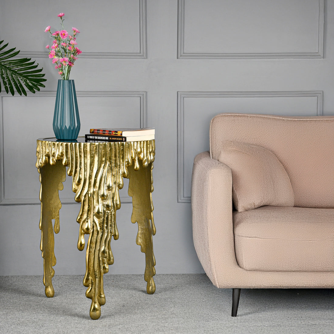 ALUMINIUM MULTIDRIP ACCENT TABLE GOLD WITH BLACK UNBREAKABLE GLASS 16.5"X16.5"X23.5"